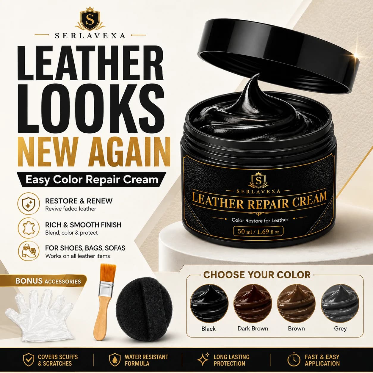 Leather Color Repair Cream 50ml Recoloring Balm for Shoes Sofas Bags Car Seats Scratch Scuff Care with Brush Sponge Gloves