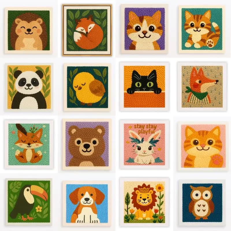 Embroidery Punch Needle Kit For Beginner With Hoop Poke Embroidery Set for Beginners Cute Animal Pattern Diy Magic Home Decor
