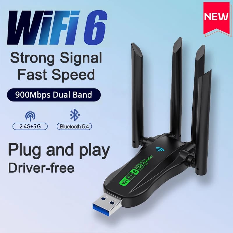 Scheda di rete WiFi 900Mbps 2.4G/5Ghz Bluetooth 5.4 Dongle Wi-Fi6 AX900 Ricevitore wireless USB a 4 antenne per PC/Laptop Driver gratuito