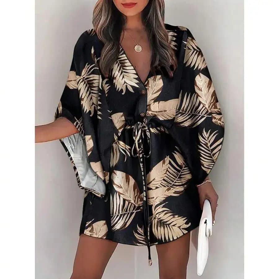 Summer Palm Leaf Print Wrap Dress Women Elegant Casual Mini Dress