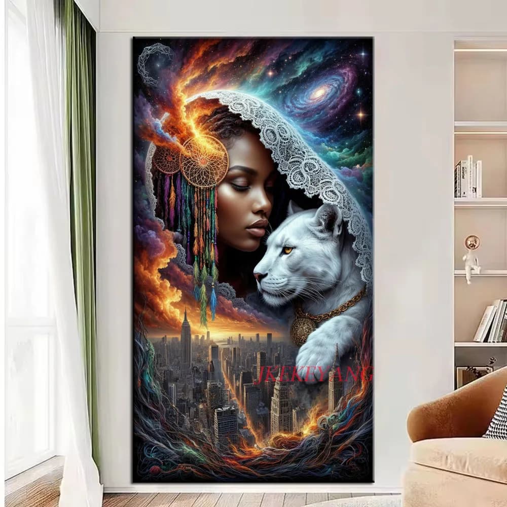 Fantasy Girl Leopard and Dream Catcher DIY Diamond Painting Cross Stitch Full Drill Diamond Mosaic New Collection Home Decor