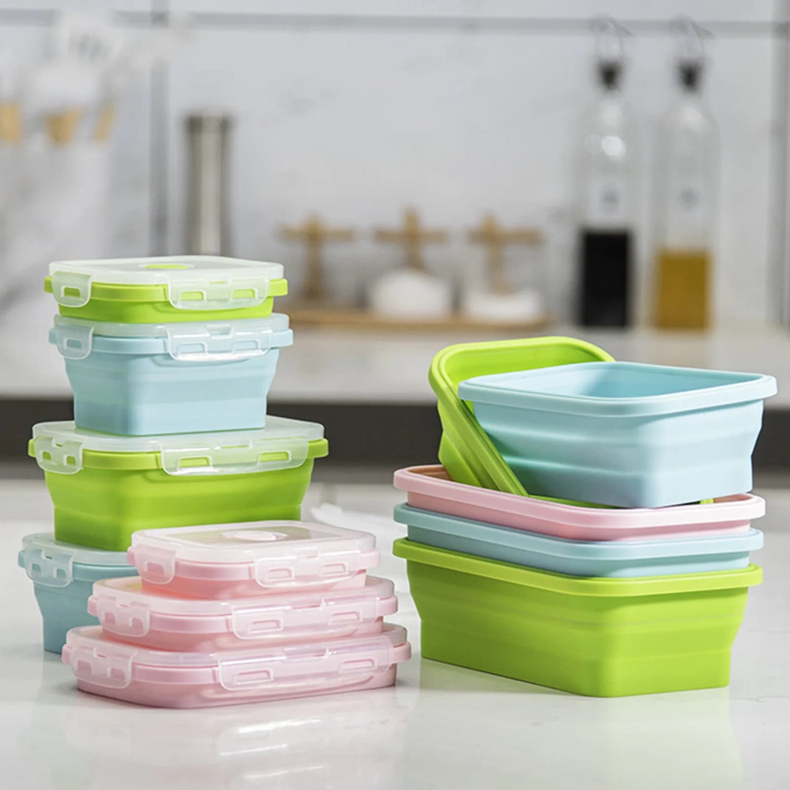 Silicone Lunch Box Food Grade Foldable Container Microwave Safe Portable Bento Box for Office School Travel Reusable Gear