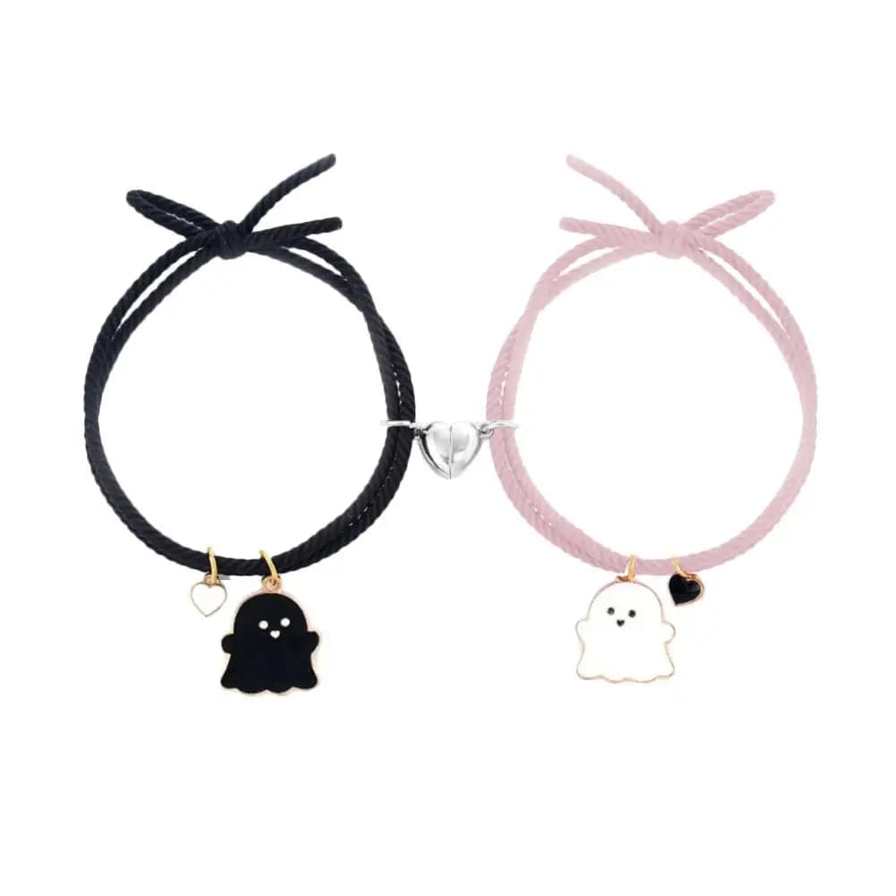 Set di 2 Braccialetti per Coppie a Forma di Fantasma, Bracciali Magnetici con Cuore e Lucchetto, Gioielli con Corda Intrecciata