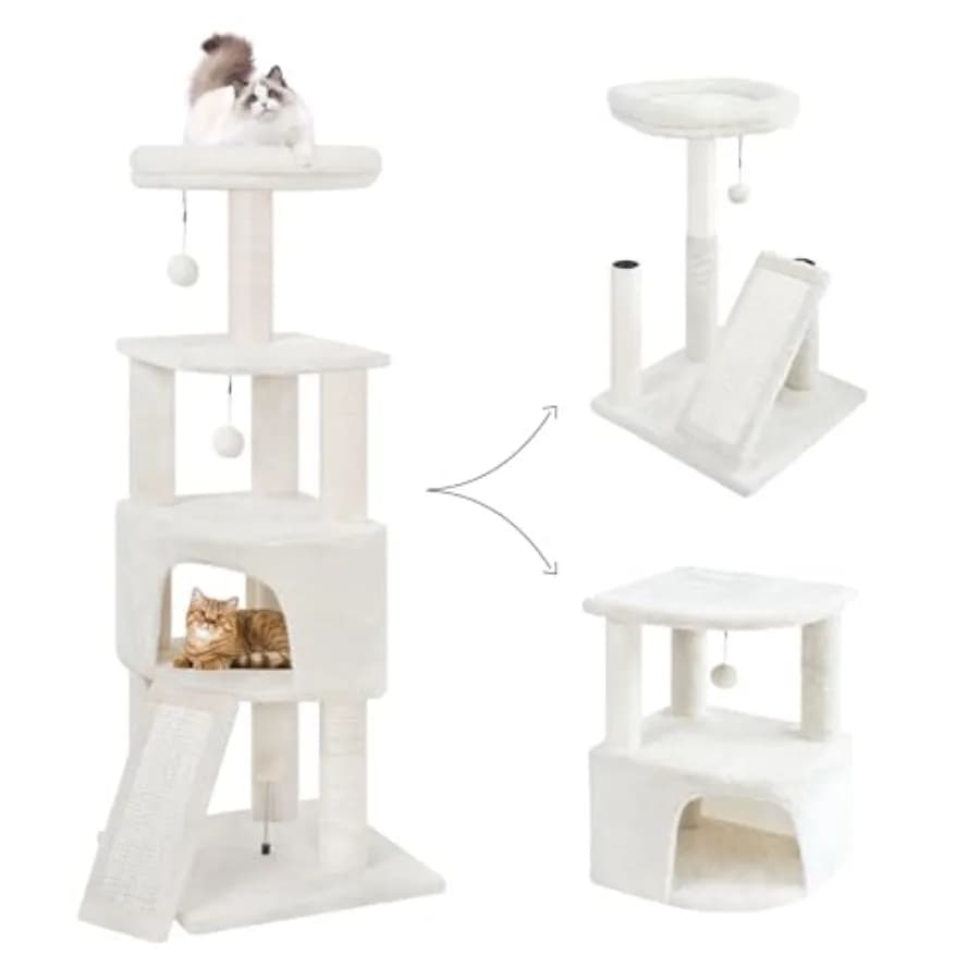Torre per Gatti da 45 Pollici con Grande Cuccia per Gattini da Interno, Tiragraffi e Tavola Multi-Livello, Giocattoli per Gatti, Trasformabile per Piccoli Spazi