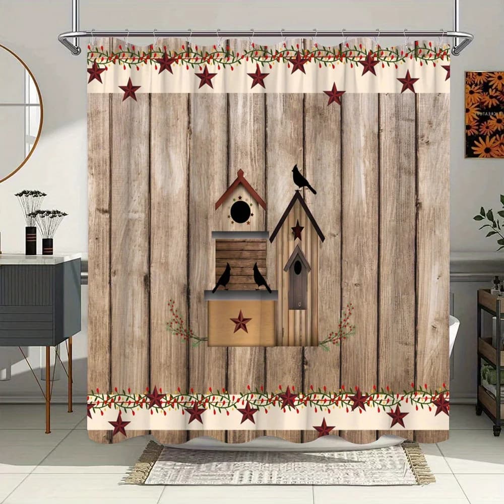 Tenda da doccia rustica per casetta degli uccelli: stelle rosse e viti verdi in stile country, include 12 ganci