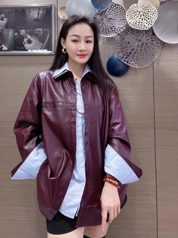 Women's Grape Purple PU Leather Jacket Coat Blue Shirt Two-Piece Set Spring Autumn New Style Retro Layering Casual Fashion