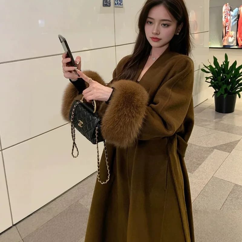Brown Double-sided Cashmere Coat for Women's 2026 Winter New Medium and Long Loose Fox Fur Jacket 100% Wool Coat