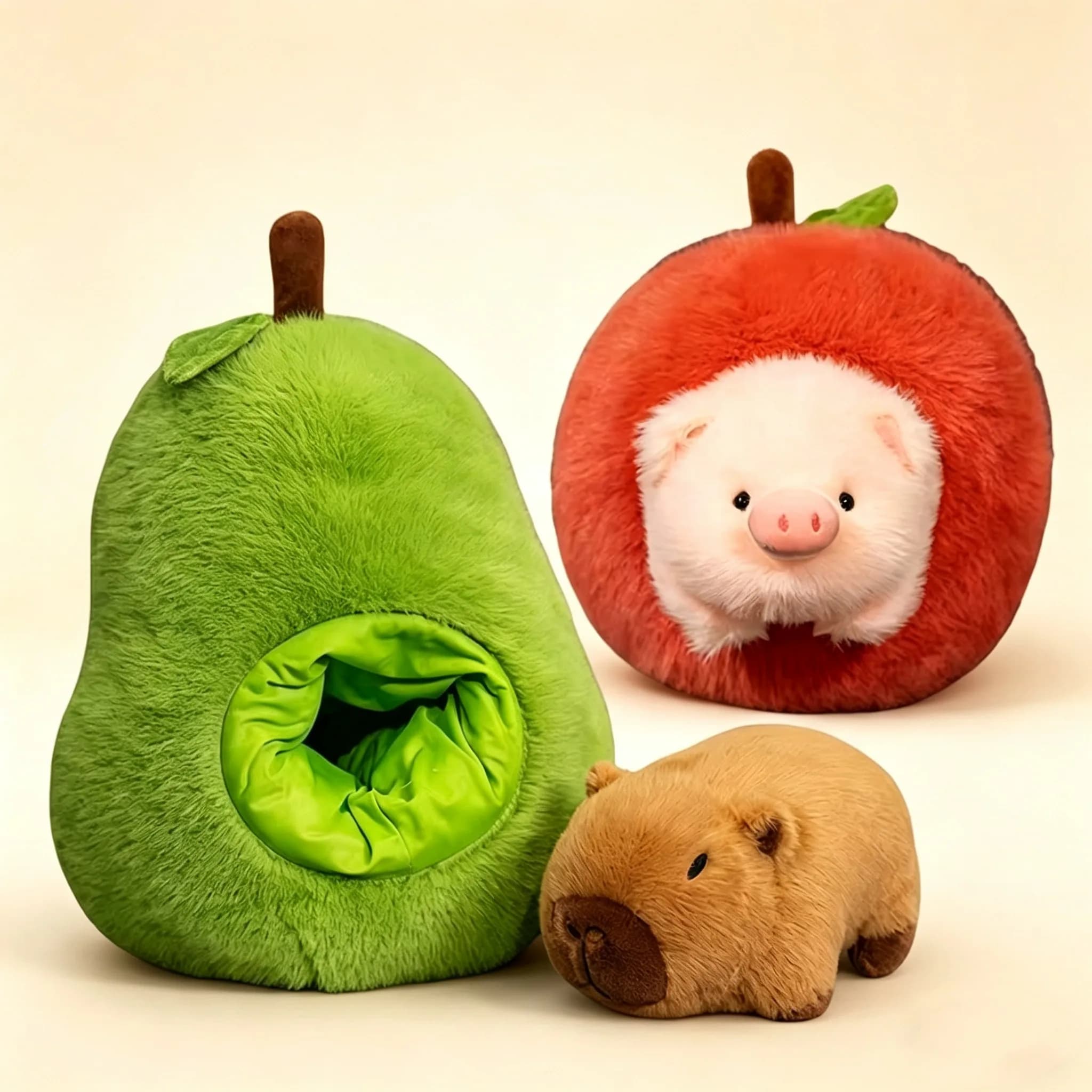 Peluche 2-in-1 a forma di simpatico maiale mela e capibara avocado, morbido cuscino decorativo, peluche kawaii di capibara