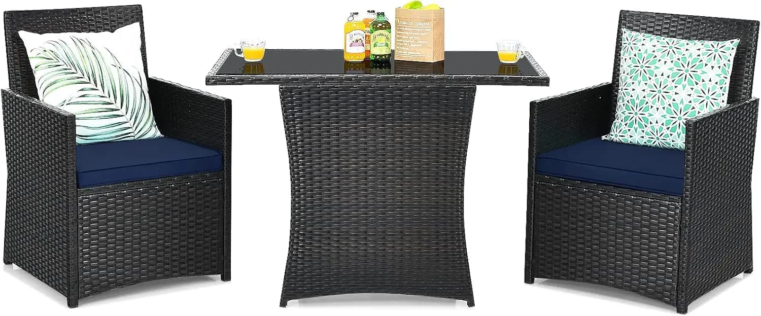 Set of Lunch for Exterior in 3 Pieces, Set Bistrot Save in Rattan PE with Tempered Glass Table and Padded Chairs, Open conversation