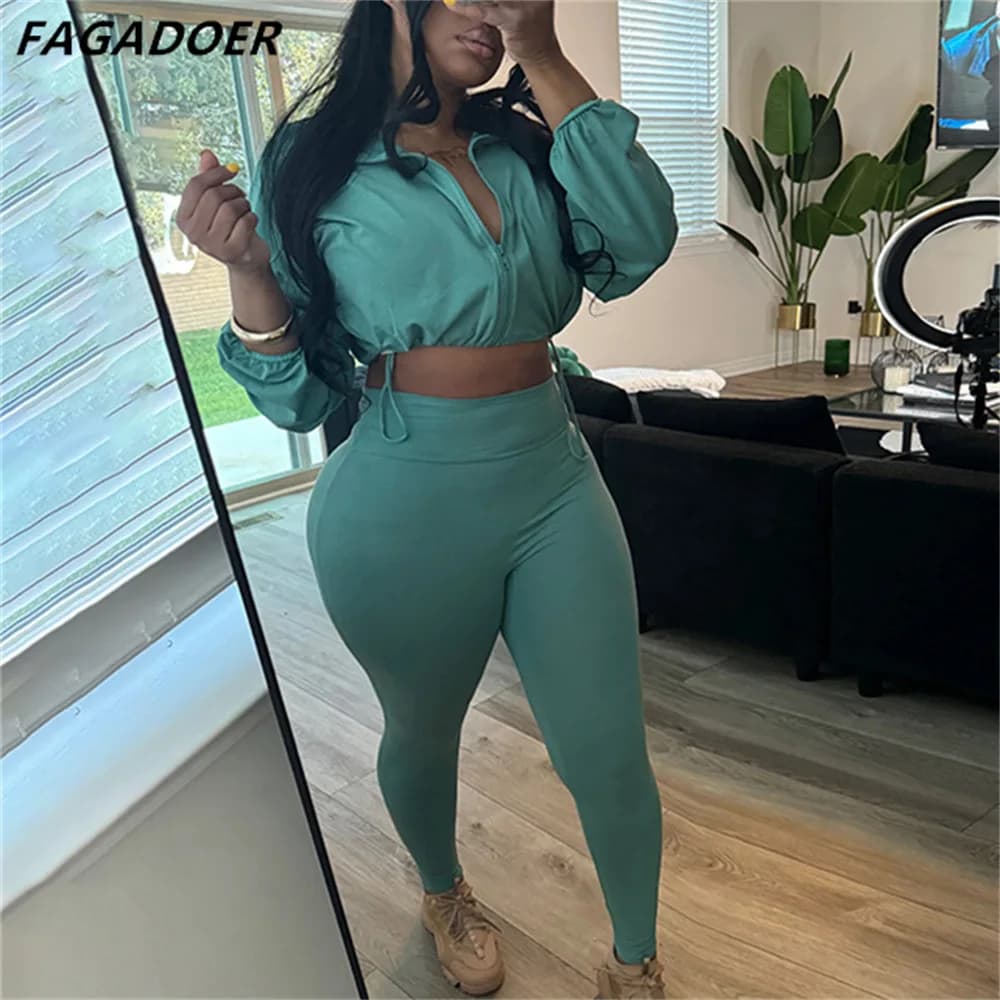 FAGADOER Fashion Solid Color Drawstring Skinny Pants Two Piece Sets Women Zipper Long Sleeve Crop Top + Pants Outfits Streetwear