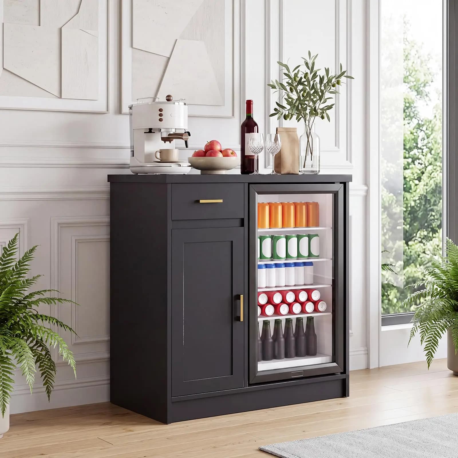 42in Farmhouse Wine Bar Cabinet For 24in Mini Fridge, Coffee Bar With 2 Outlets & 2 USB, Drawer Door Storage Sideboard