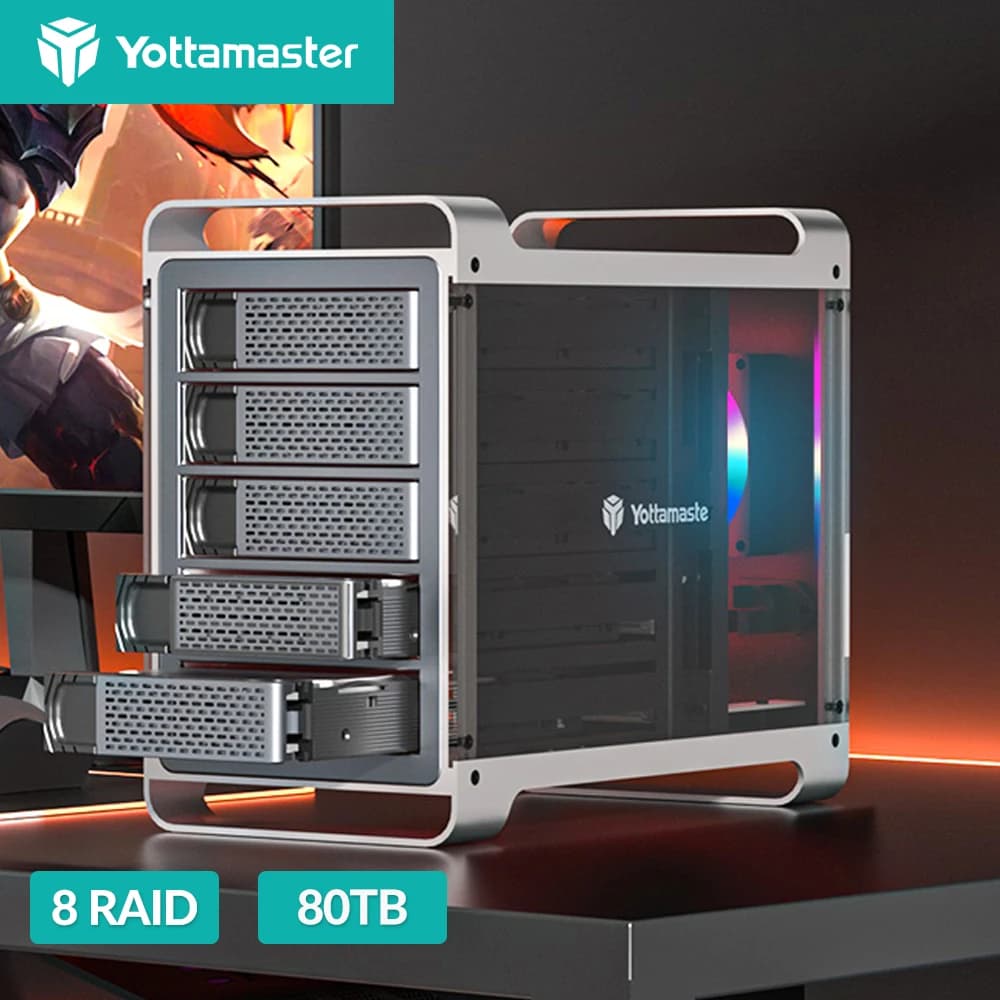 Yottamaster 2.5 3.5 pollici SATA HDD SSD Custodia 4/5 Bay RAID Custodia esterna Casa Multi Slot Porta 5*18TB RGB Ventola silenziosa HDD Case
