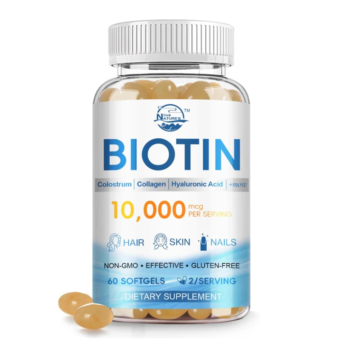 Biotina 10000mcg con Collagene e Acido Ialuronico - Vitamine per Capelli, Pelle e Unghie, 60 Softgel, Integratore Non-OGM e Senza Glutine