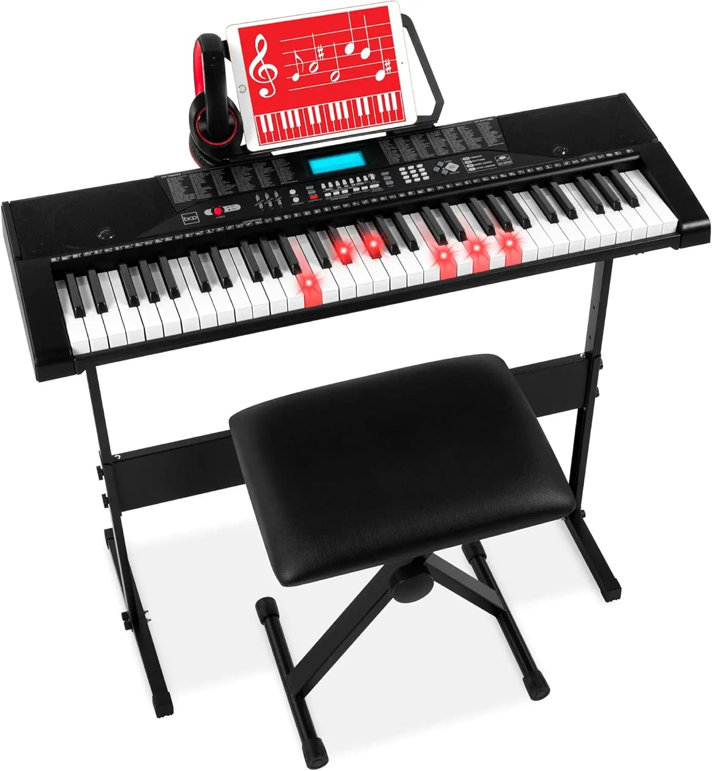 61-Key Electronic Keyboard Piano Set for Beginners with Lighted Keys, LCD Display, Headphones, Stand, Bench, Teaching Functions, Note Stickers, Built-In Speakers, Black