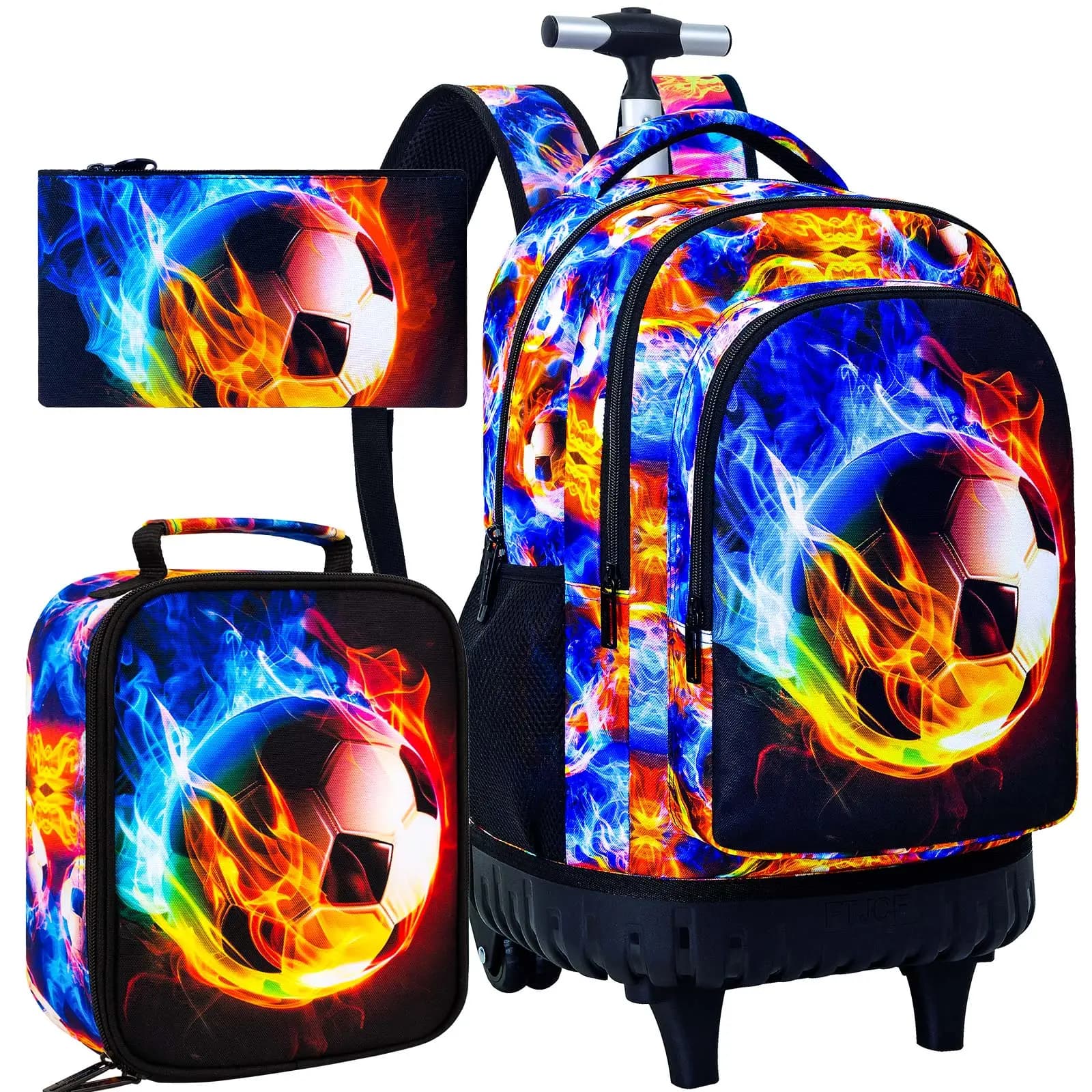 21 Inch Kids Rolling Backpack 3Pcs Set Flame Football Print Wheeled Trolley School Bag with Lunch Box Pencil Case for Boys