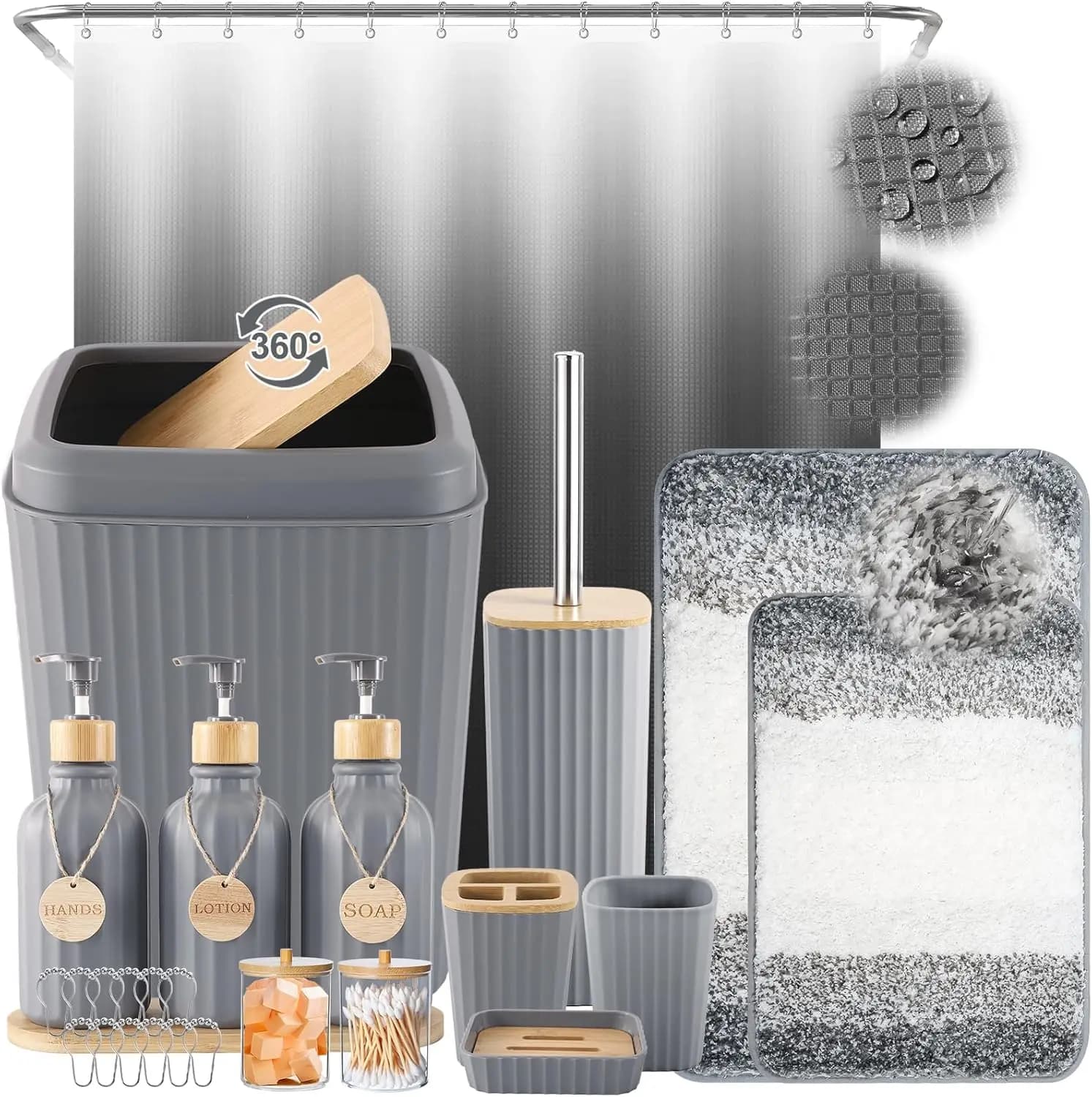 Set da Bagno Grigio 32 Pezzi con Tenda Doccia, Tappeti, Cestino, Dispenser, Porta Accessori, Porta Sapone, Porta Bicchieri e Targhette in Legno