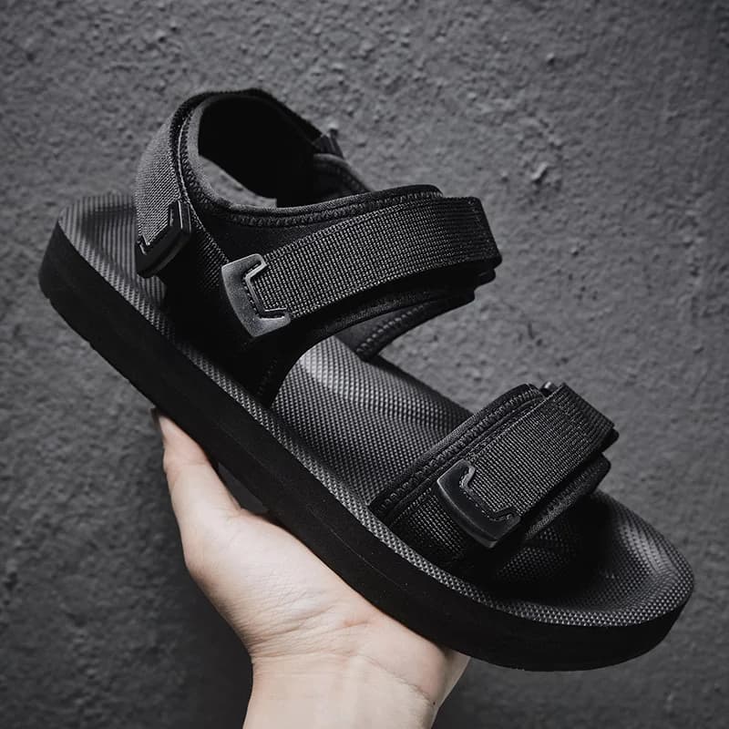 Sandali piatti regolabili per cinturini larghi con gancio e anello Scarpe casual da uomo estive Doppia fibbia Traspirante Morbido Nero puro