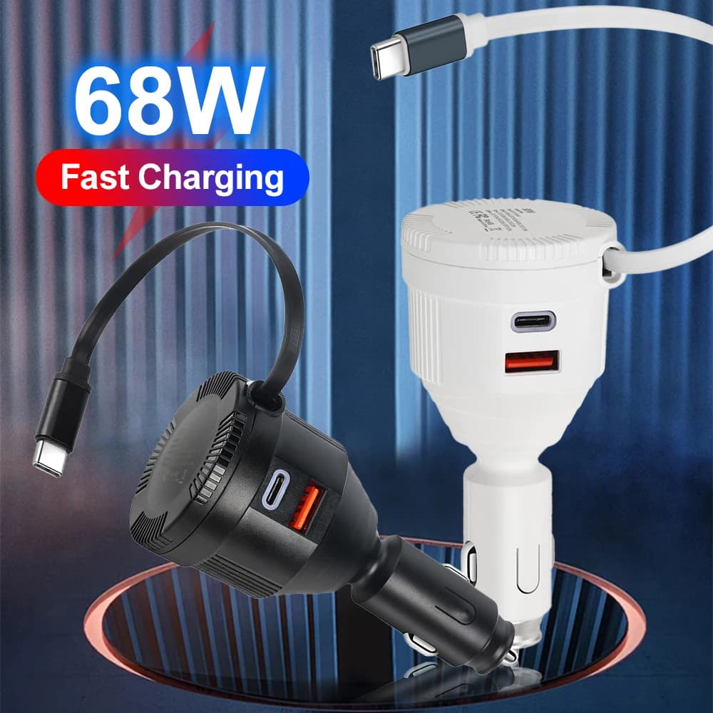 68W Power Adapter USB C Cable Retractable Charger Adapter USB PD Multifunctional Car Charger for iPhone Samsung Phone