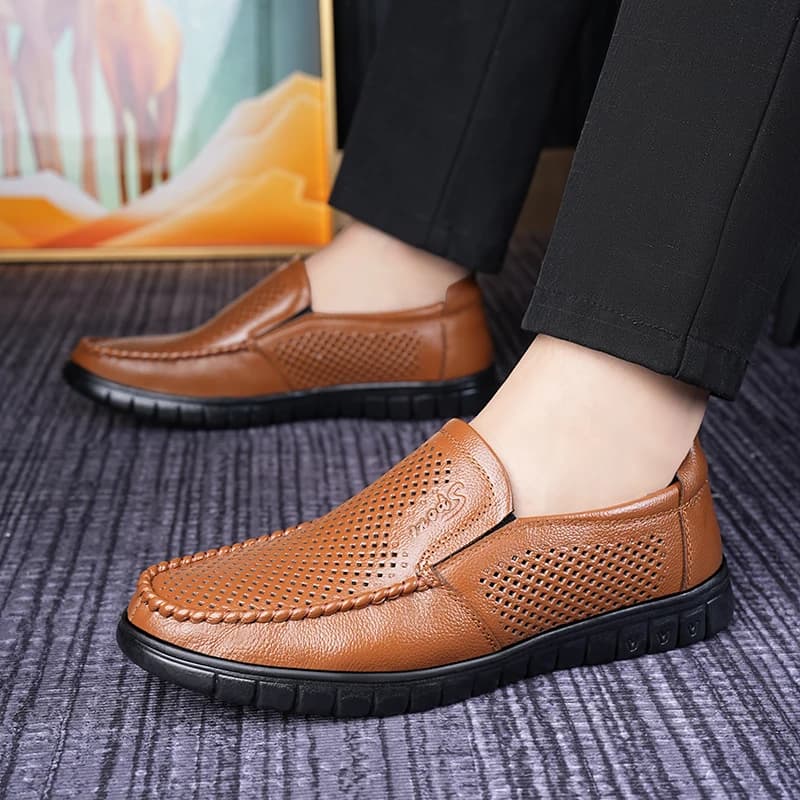Mocassini Slip-On da Uomo Estivi in Vera Pelle di Vacchetta Traspiranti Comodi con Suola Morbida Antiscivolo-8822