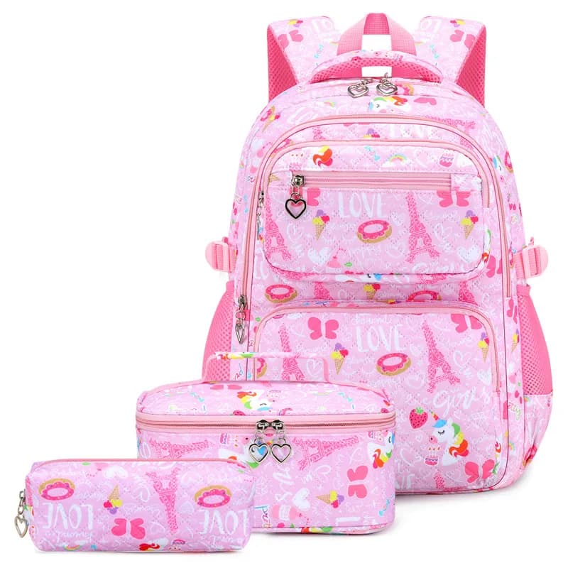 3Pcs Printed Backpack Set Oxford Bookbag with Lunch Bag & Pencil Case Large Rucksack for Girls Elementary Students Daily Use