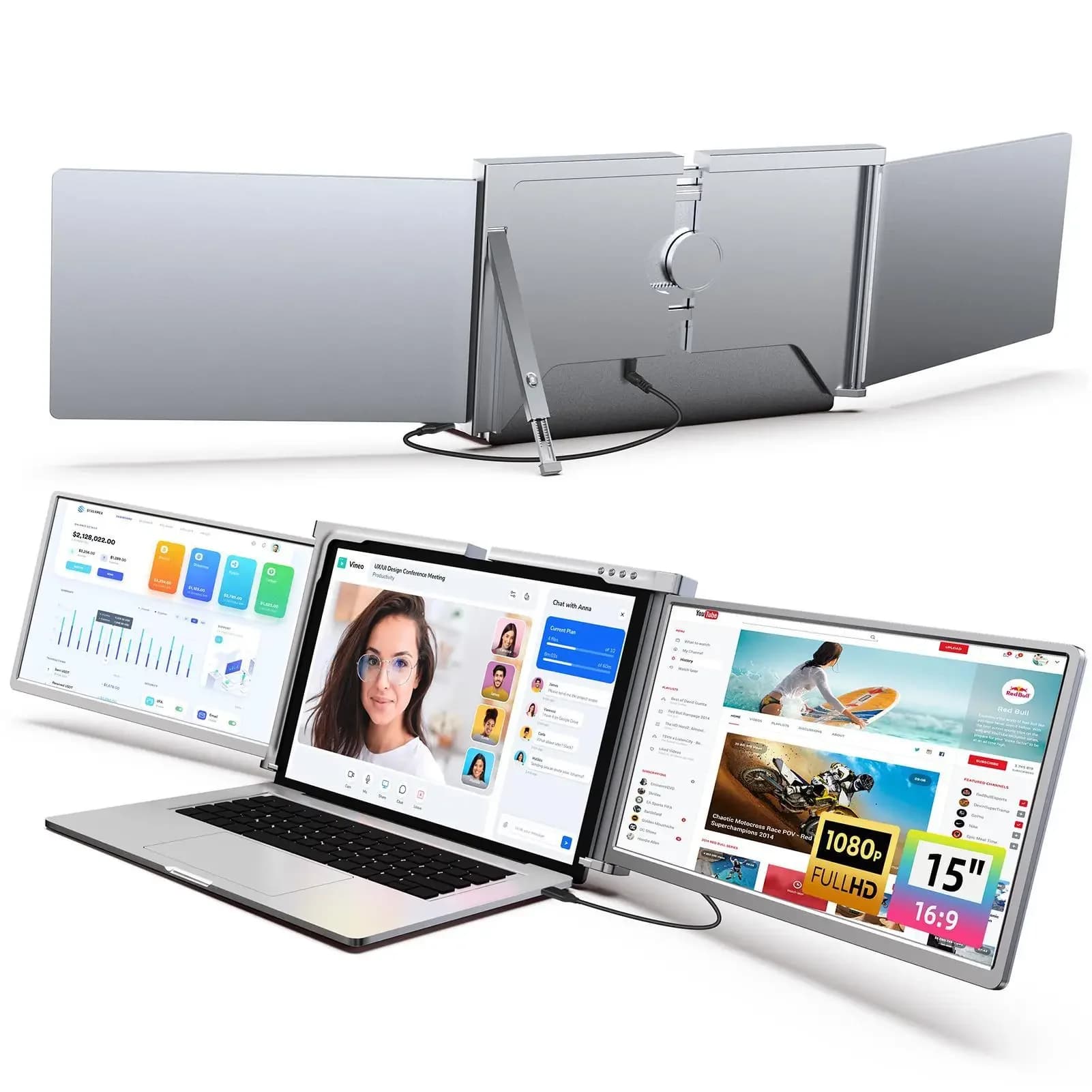 Monitor Portatile Personalizzabile da 15 Pollici con Cavo Singolo per Doppio Schermo, Estensore Schermo per Laptop, Monitor Portatile a Triplo Schermo
