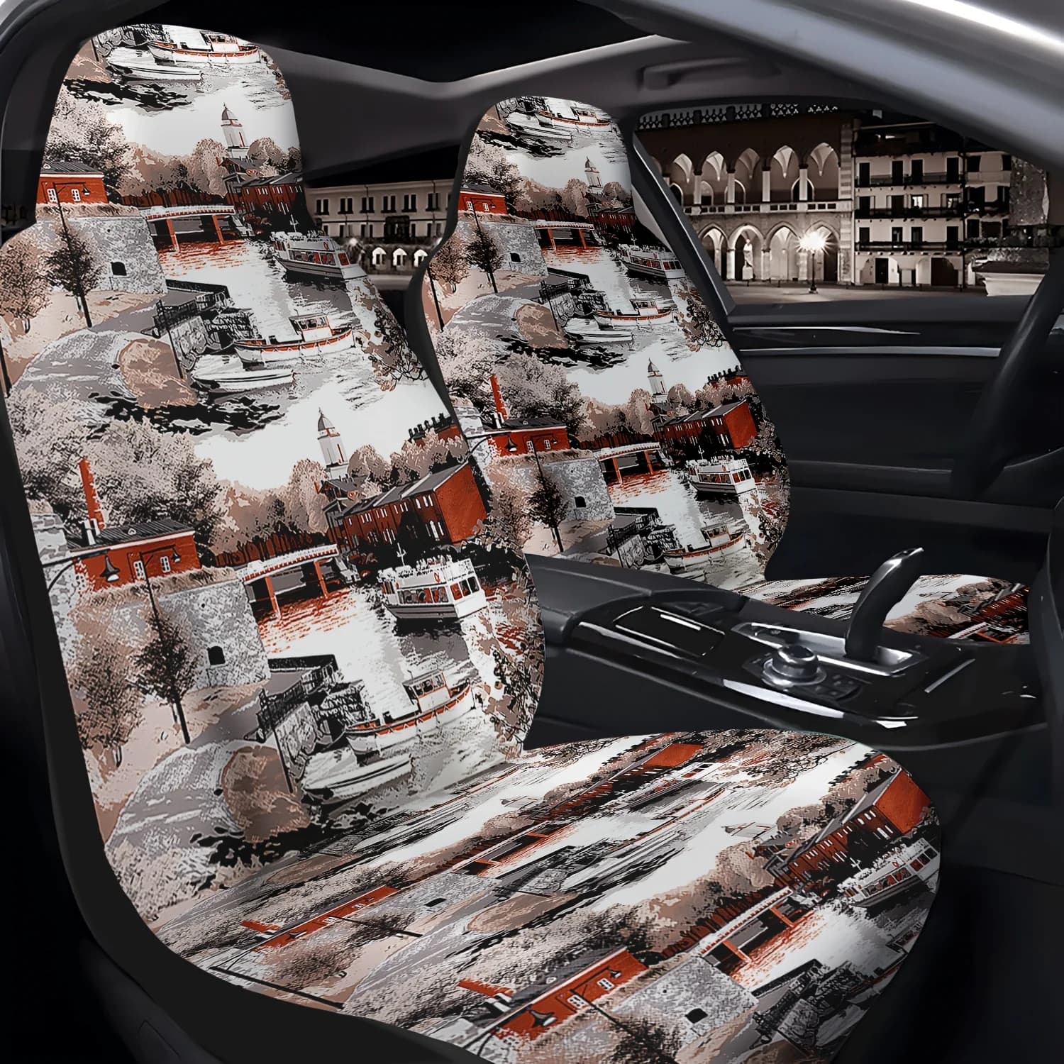 Set Of 2 Front Seat Covers For Cars, Featuring A Port Town Print, Suitable For Sedans, Suvs, And Trucks. Durable Polyester Front