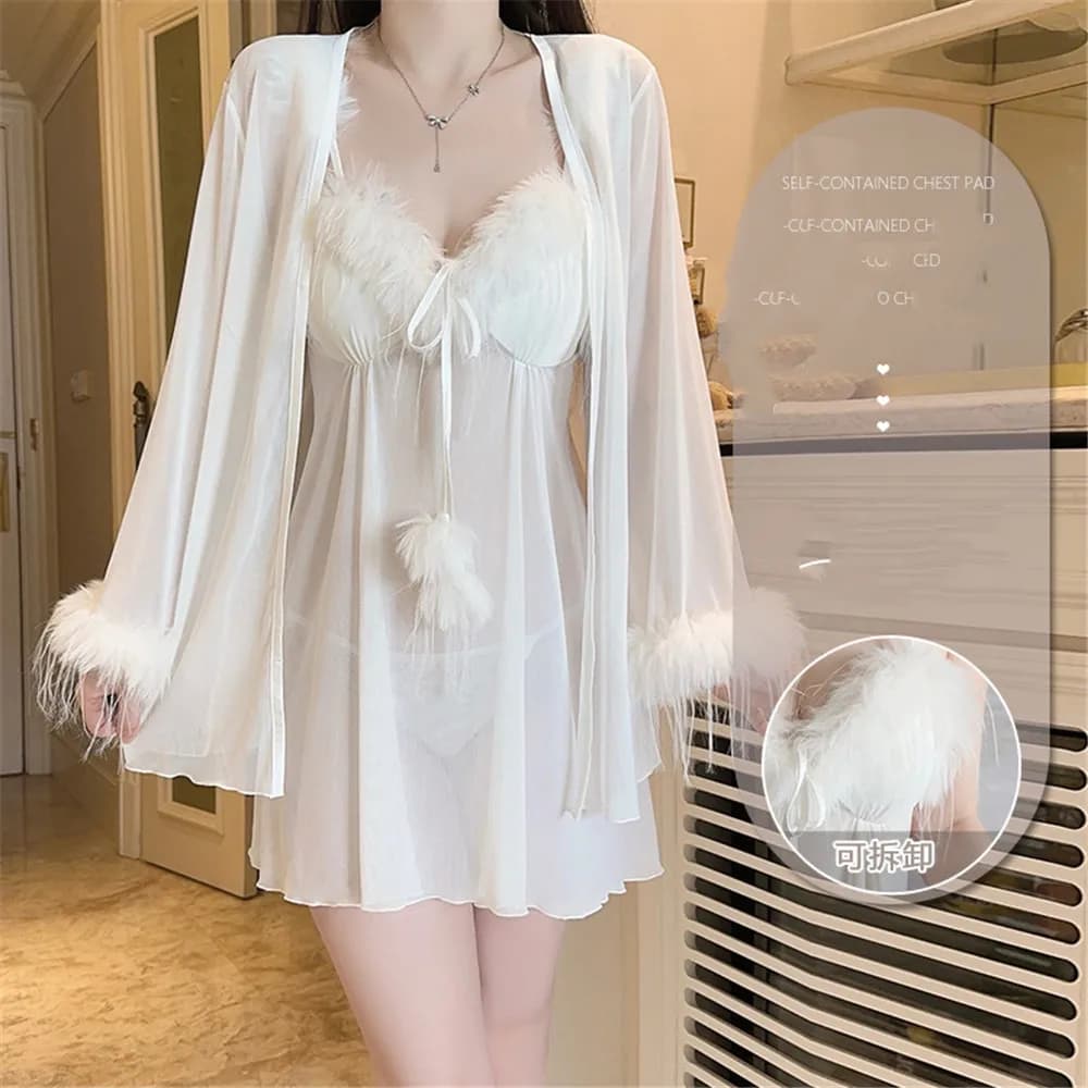 Elegant night set and women's gown Bathrobe in the net Night shirt Sexy night shirt with fur applications Nightwear Summer clothing for the house