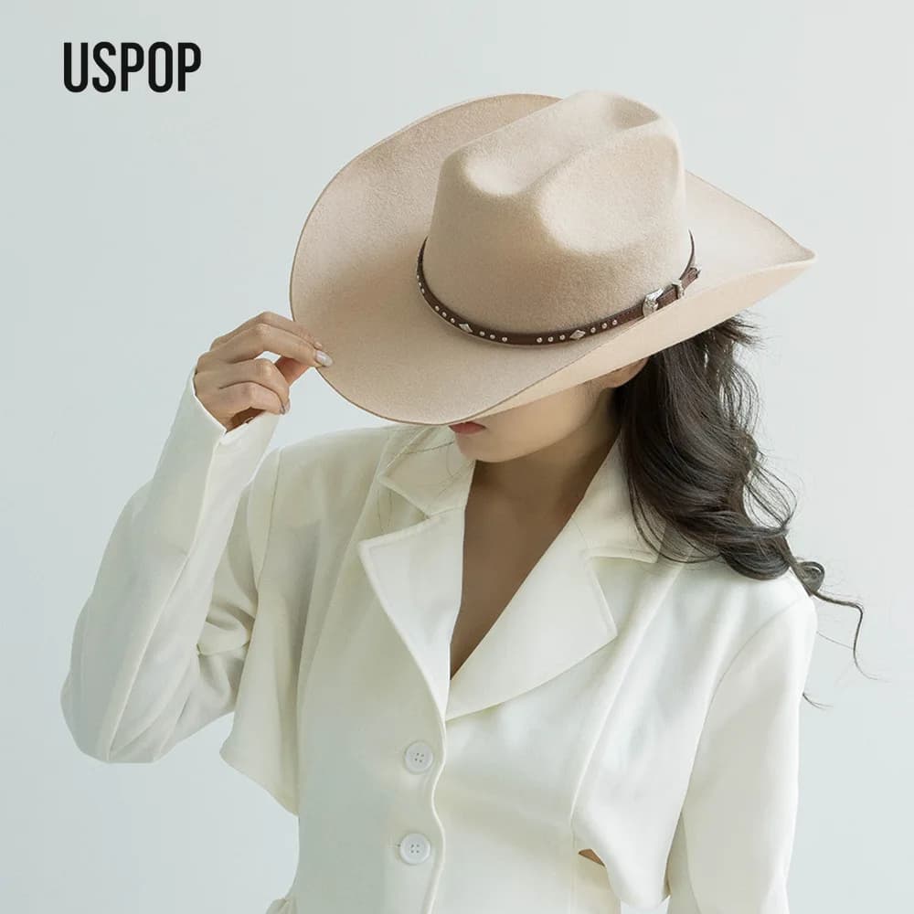 USPOP Wool Cowboy Hat with Bordered Bordered Leather Band wide West Fashion Fedora Hat for Outdoor 4 Sizes for Men Women