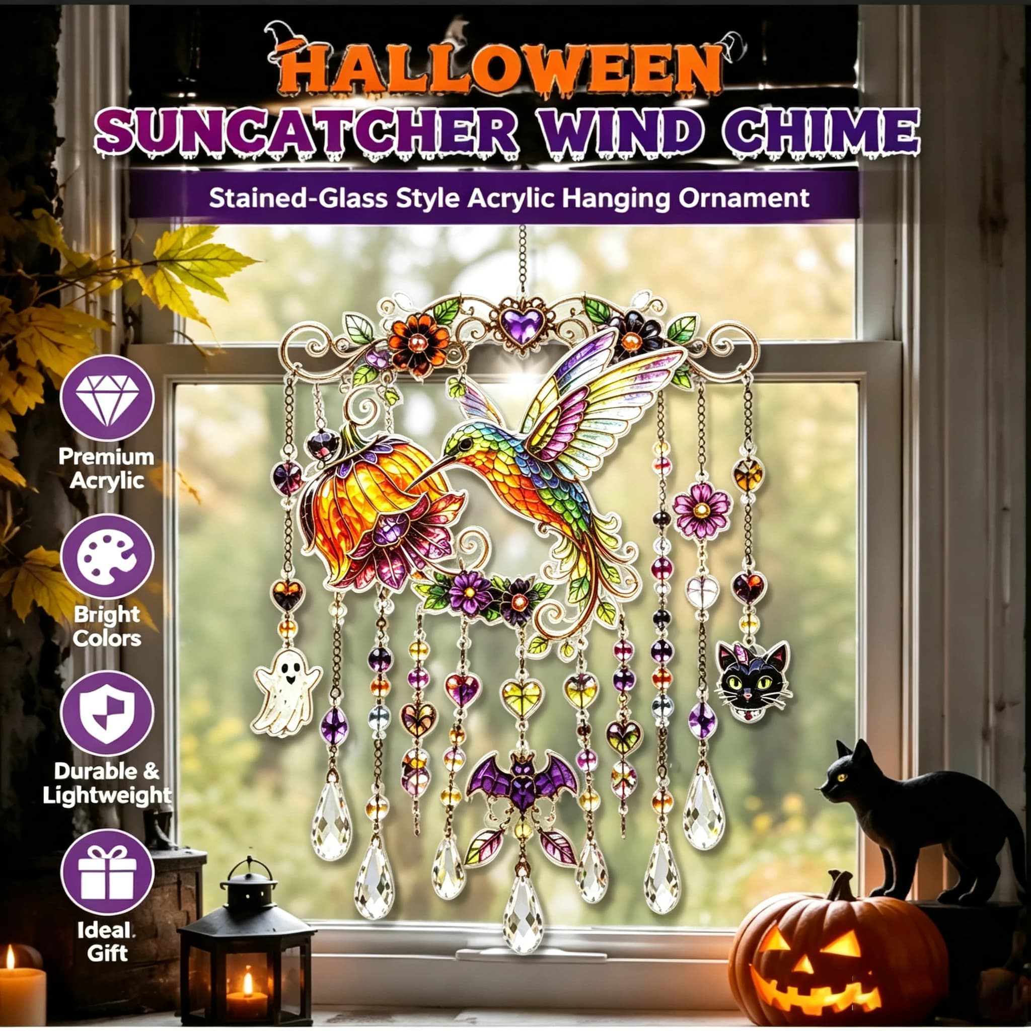 Halloween Suncatcher Wind Chime Acrylic Stained Glass Style Hanging Ornament Bead Pumpkin Ghost for Window Porch Home Party