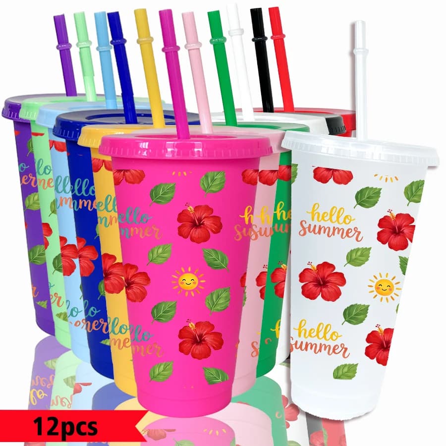 Confezione da 12 Bicchieri in Plastica Colorata da 26oz con Motivi di Fiori, Foglie e Faccine Sorridenti per Feste, Regali di Ritorno a Scuola e Compleanni