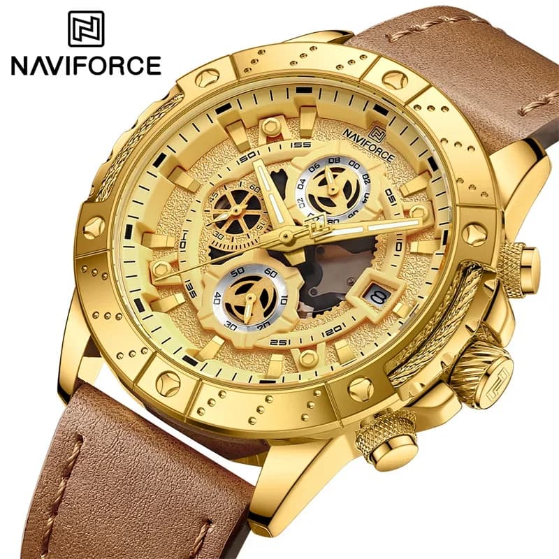 New NAVIFORCE Men's Luxury Leather Strap Luminous Chronograph Working Watches Waterproof Quartz Wrist Watch Relogio Masculino