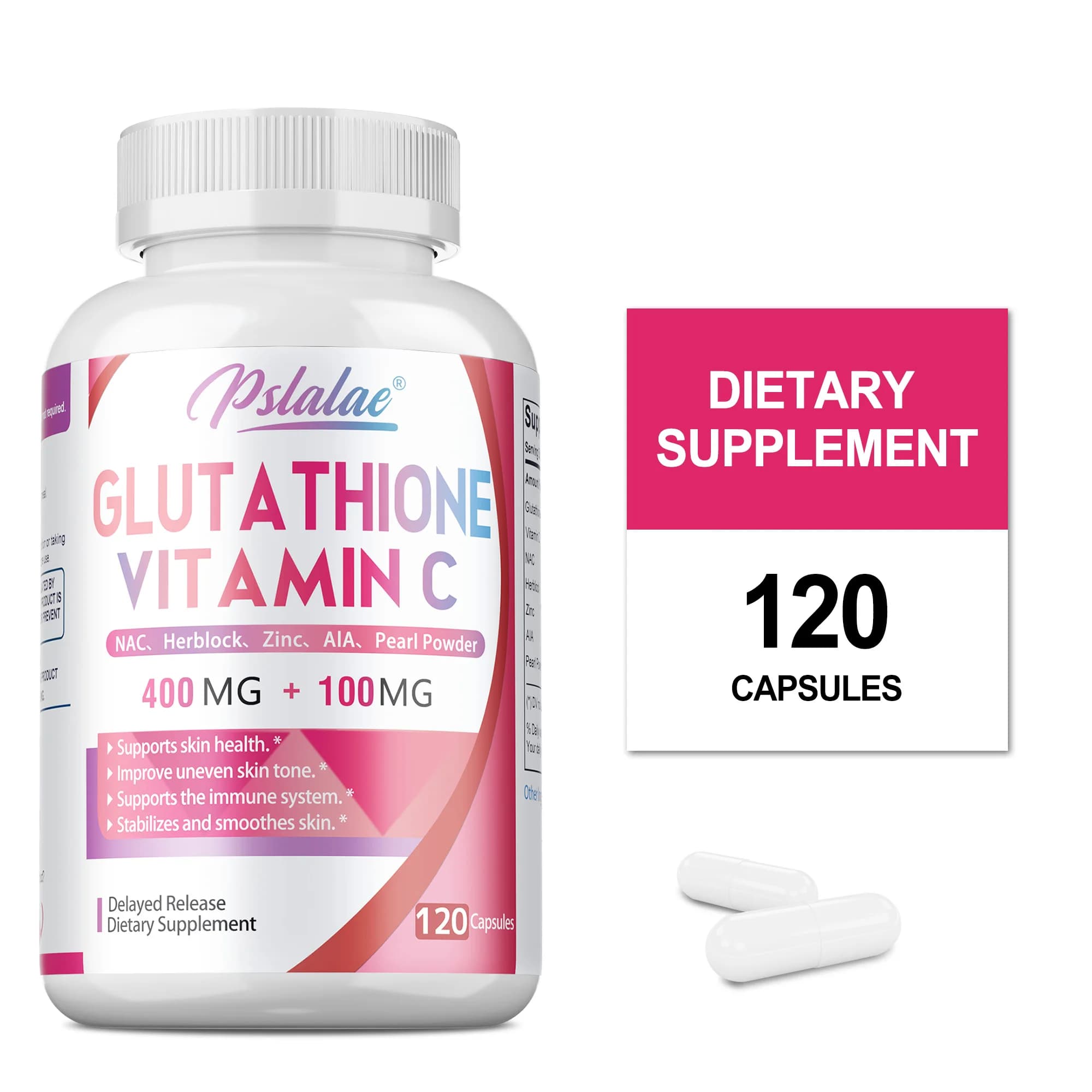Glutathione supplement and vitamin C: antioxidant, improves opaque skin tone, smooths and firms skin, promotes collagen production