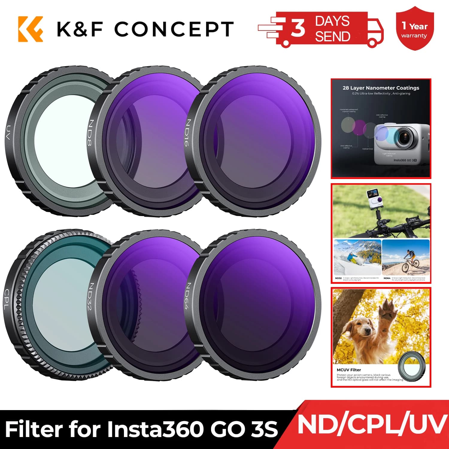 Filtro per Action Camera K&F CONCEPT per Insta360 GO 3S, Kit di Filtri CPL UV ND8 ND16 ND32 ND64 28 con Rivestimento Multistrato, Opzionali