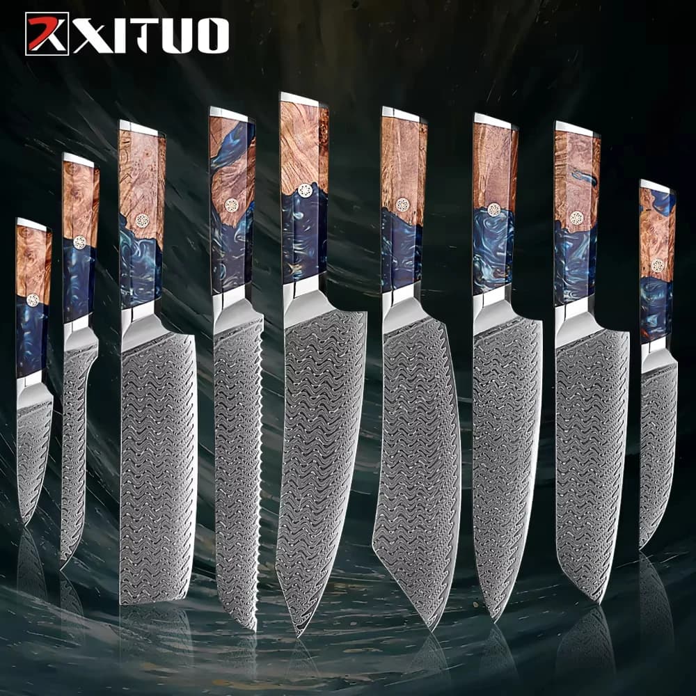 1-9 Pcs Damascus Knife Set Japanese Kitchen Knives VG10 Steel Core Ultra-Sharp Pro Chef Knife Set with Resin & Burl Wood Handles