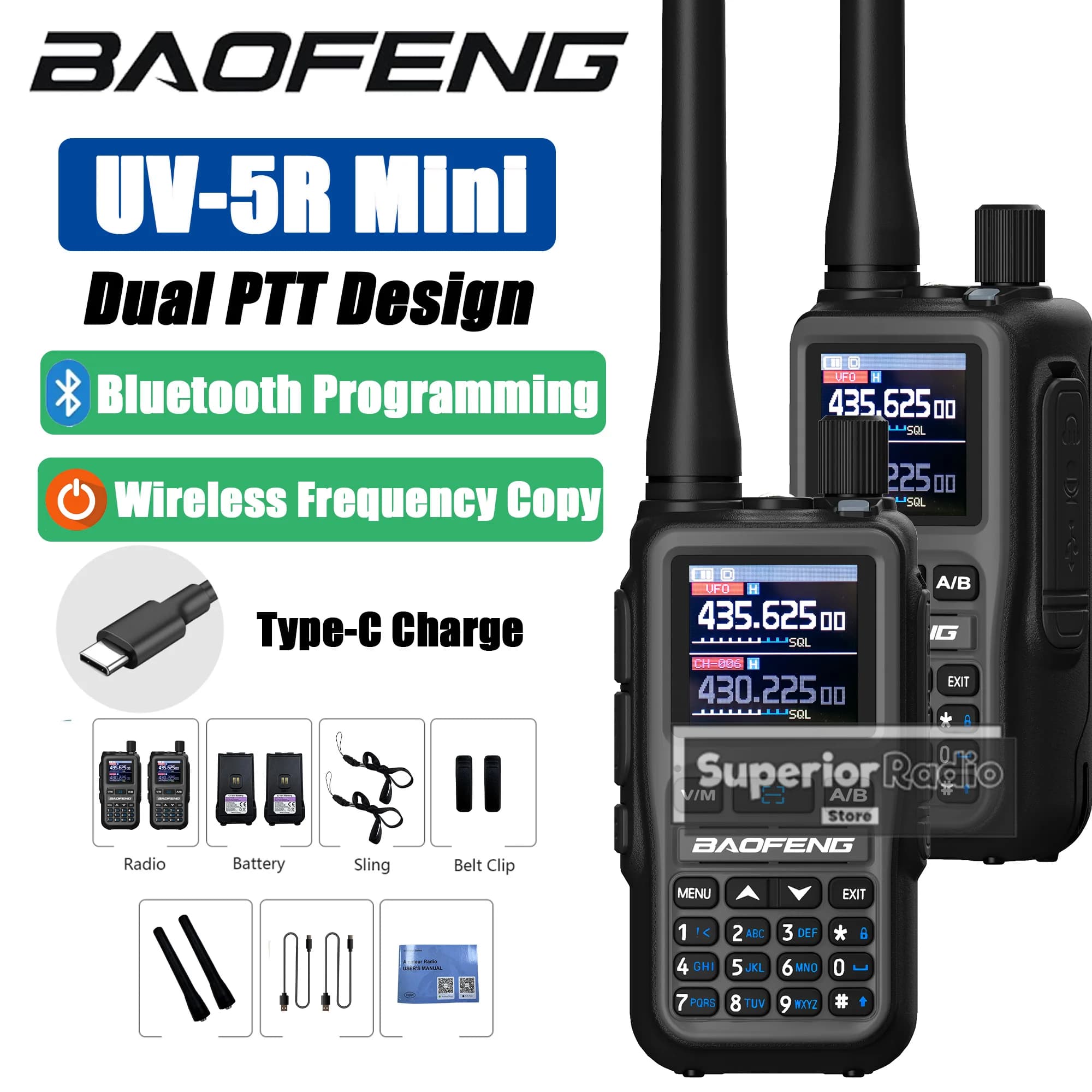 Baofeng UV-5R Mini Walkie Talkie Bluetooth APP Programmazione Multi Band AM FM Frequenza di copia wireless Doppio PTT Tipo-C 999 canali