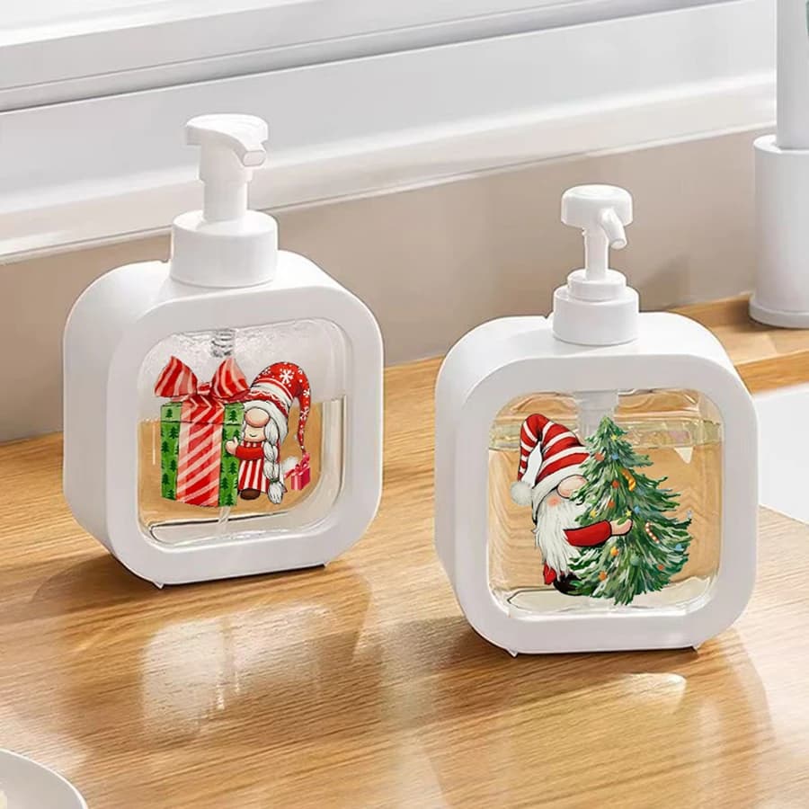 Dispenser di sapone natalizio da 2 pezzi, dispenser di sapone per le mani, contenitore per bottiglia con pompa in plastica vuota per sapone liquido ricaricabile per il bagno