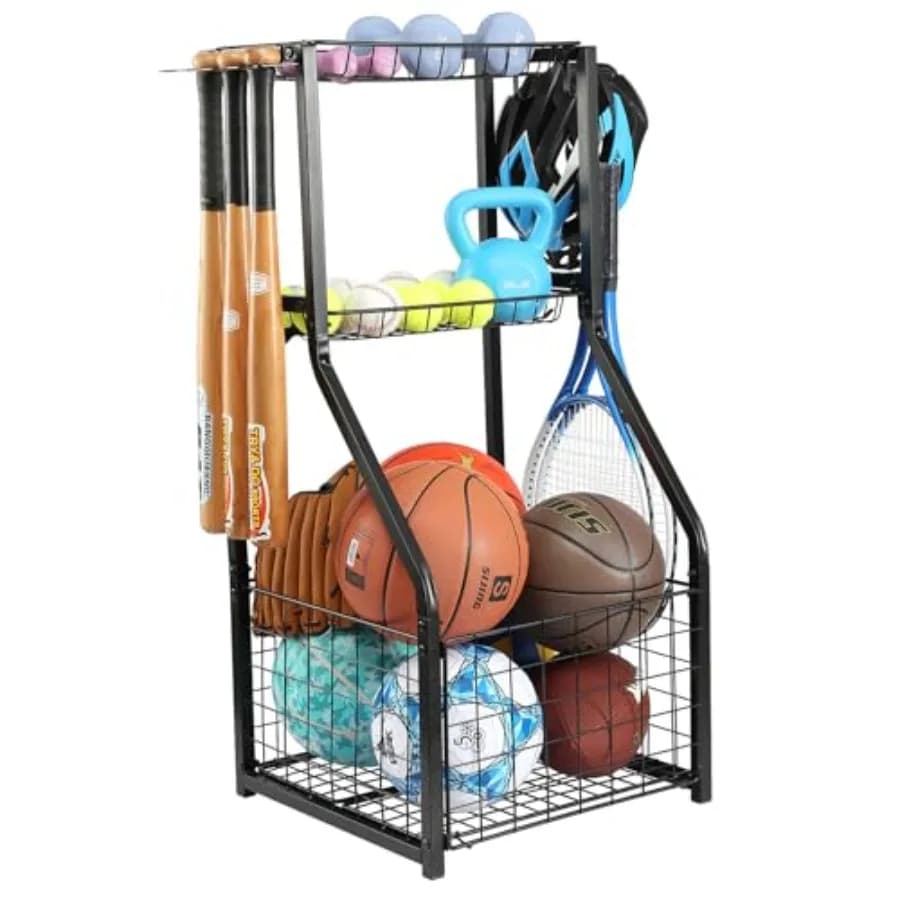 Organizzatore per Attrezzature Sportive da Garage, Porta Palloni con Supporto per Pallacanestro e Carrello Porta Palloni, Contenitore per Giocattoli da Esterno