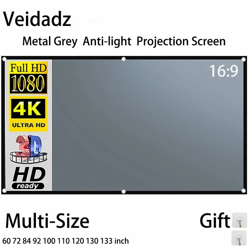 VEIDADZ Schermo per proiettore Metallo Grigio Anti-Luce 60-133 pollici 30 ° Angolo di visione 16:9 Schermo riflettente portatile Home Theater per interni