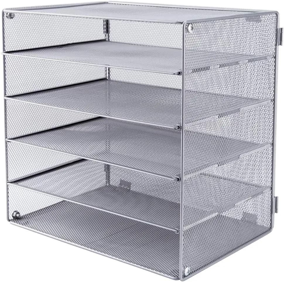 5 Slot Mesh Desk Organizer Tray, File Paper Letter Folder Holder Desktop Paper Sorter Mail Organization Rack Storage Accessories, for Office Home School Classroom, Silver