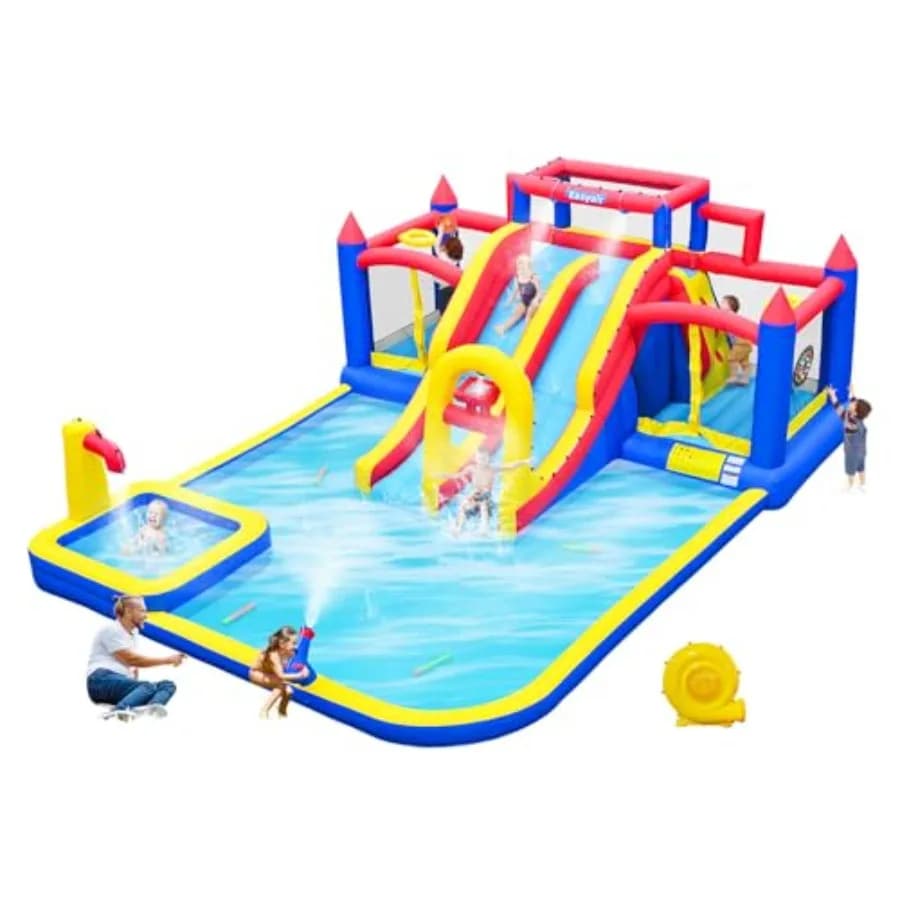 Scivolo d'acqua gonfiabile da esterno per bambini grandi con parete da arrampicata e canestro da basket, piscina gonfiabile grande blu con soffiatore integrato