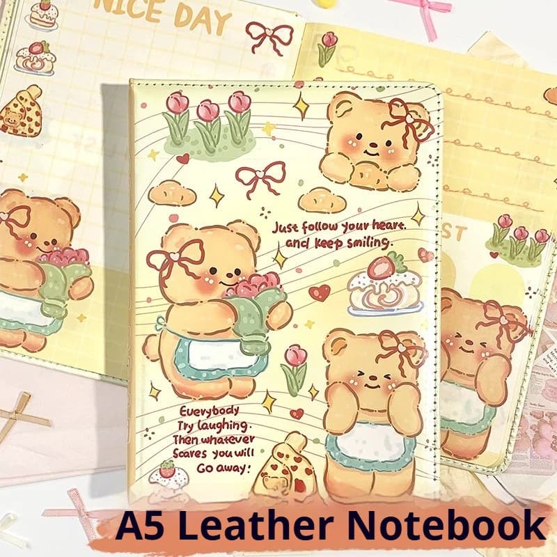 A5 Notebook Colorful inner Page Cute Cartoon Butter Bear Leather Notebook High Appearance Diary Notebook For Journal lovers