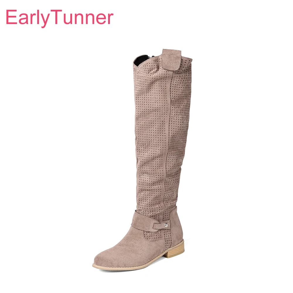2025 New Winter Breathable Khaki Women Knee High Boots Low Heel Office Lady Dress Shoes Plus Big Size 12 43 45 48