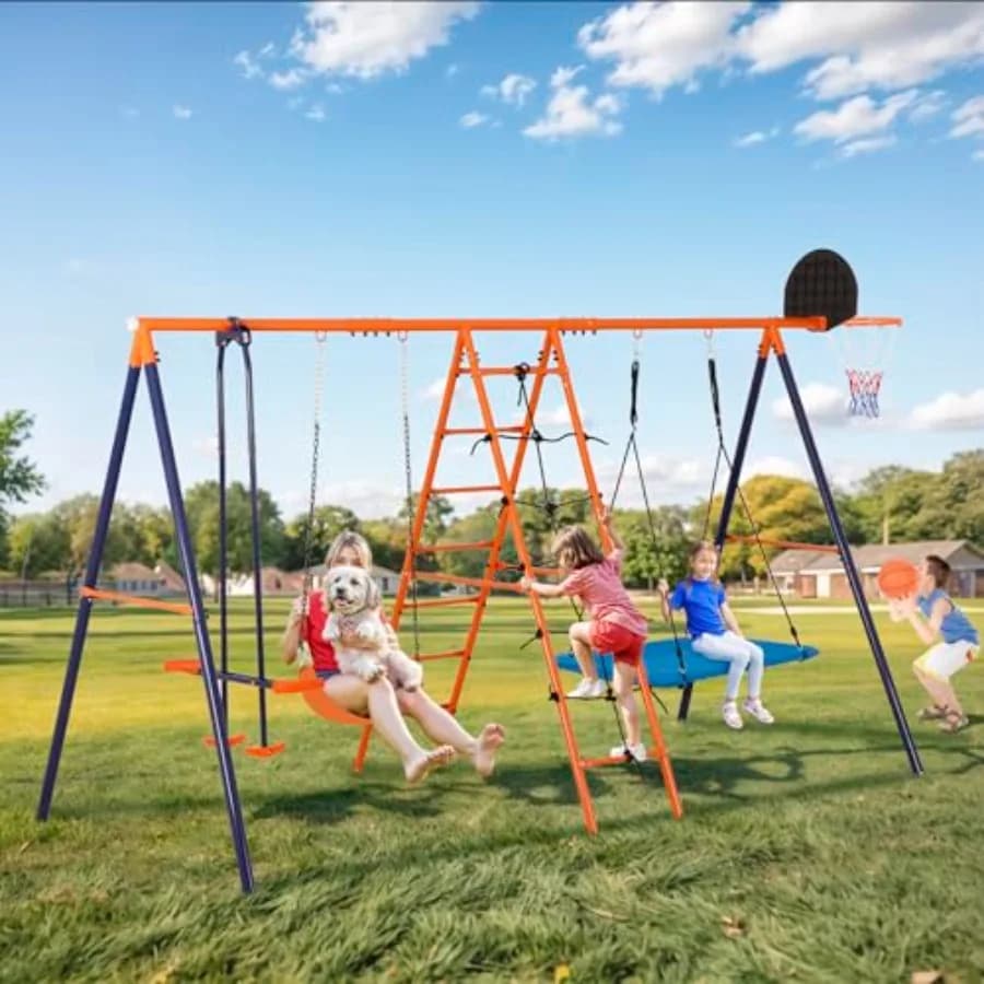Set Altalena in Metallo 6 in 1 per Giardino - Parco Giochi Esterno Resistente con 2 Altalene, Scala per Arrampicata, Reti, Dondolo, Canestro da Basket - Du