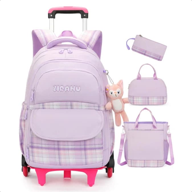 School Rolling Backpack 4 pcs/ Set with handbag lunch bag pen bag Kids Travel Trolley Luggage for Girls School wheeled backpack