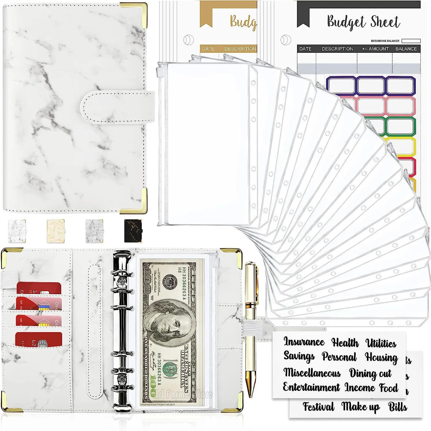 A6 Organizzatore per risparmiare denaro Raccoglitore economico in pelle PU bianca Quaderno in marmo Budget Planner 2023 Busta Materiale scolastico per ufficio