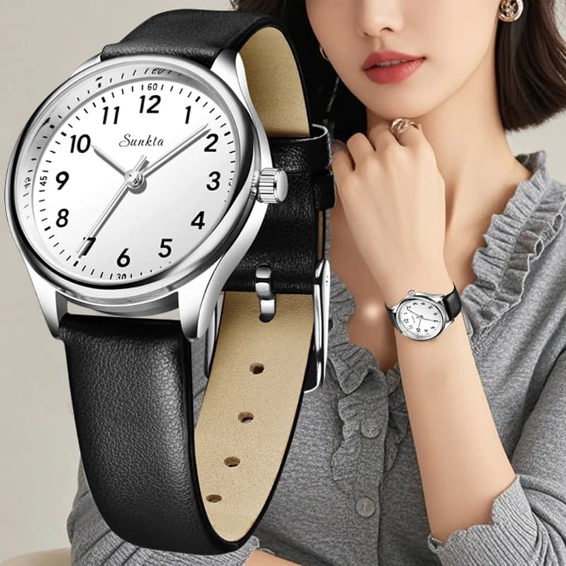 LIGE Women's Quartz Watch With Simple Design Black and White, Casual Leather Strap, Waterproof Women's Watch