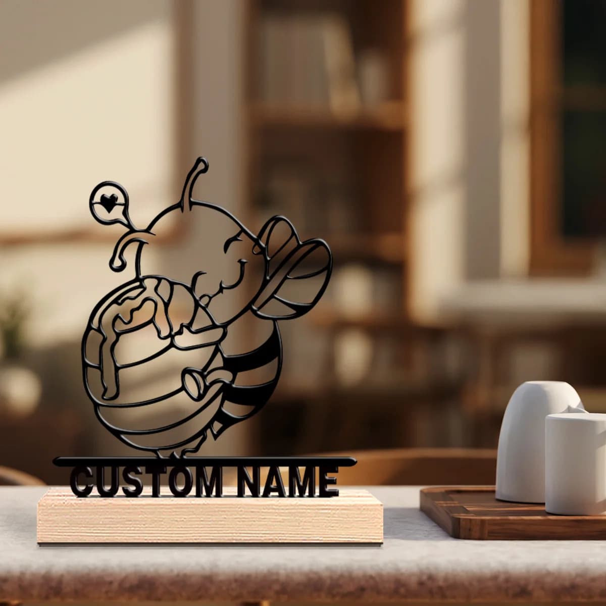 Statua in Metallo Personalizzata con Api e Vasi di Miele, Decorazione da Tavolo con Base in Legno, Arte Nautica da Scrivania