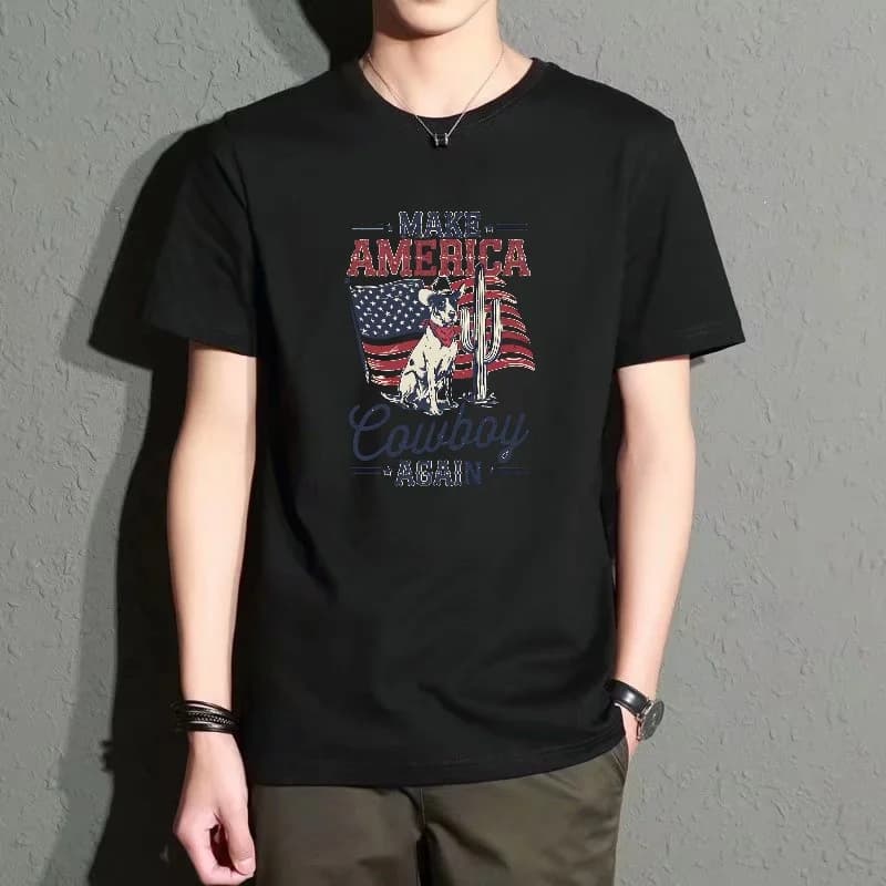 Men's Black Round-Neck Short-Sleeved T-Shirt, American Retro Letter-Print Top, Casual Street Style, Loose Fit, Comfortable and Breathable, a Must-Have for Everyday Outings