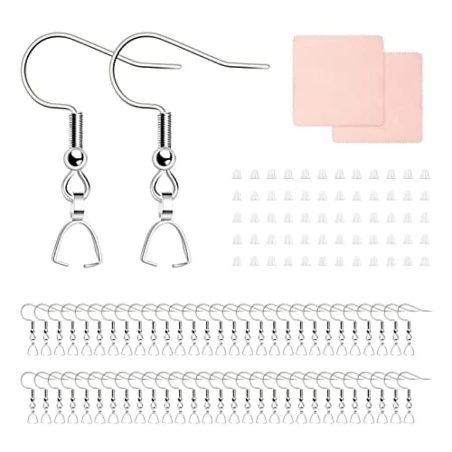 Stainless Steel Hypoallergenic Earring Hooks, 100 Pieces Earrings Making Kit, Earring Hooks with Pendant Clasp, Silicone Ear Ba