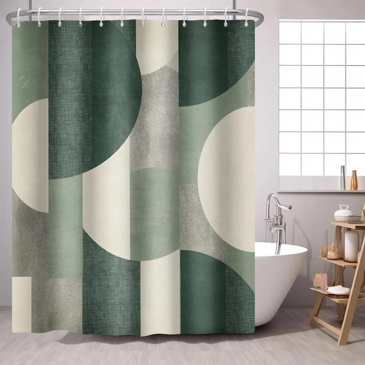 Tenda da Doccia Verde con Cerchi Geometrici Astratti, Stile Contemporaneo, in Tessuto Verde Salvia, Decorazione Moderna per il Bagno